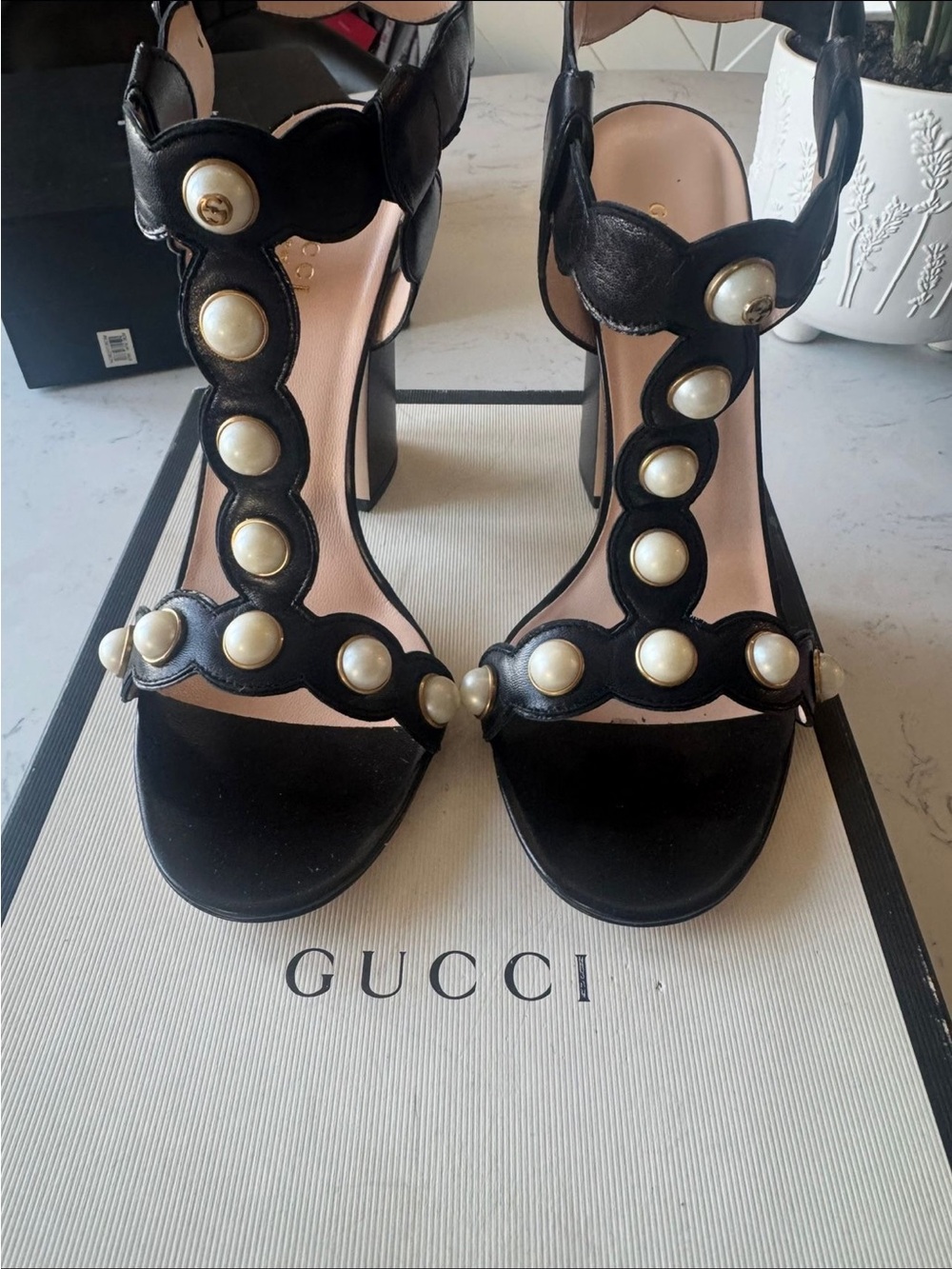 Gucci Black T-Strap Pearl-Embellished High Heel Sandals